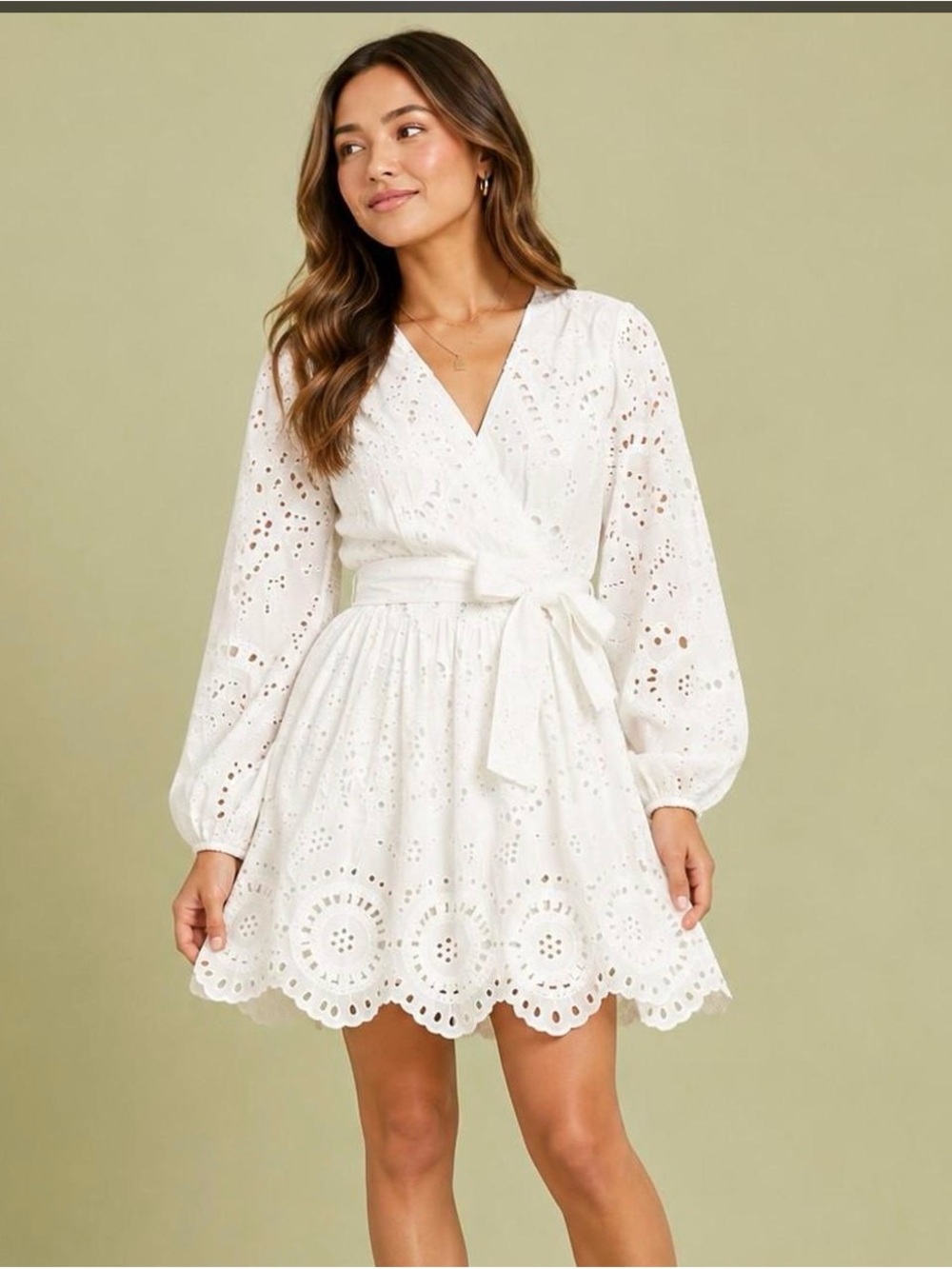 Avec Les Filles White Eyelet Cottagecore Long Sleeve Romper Dress